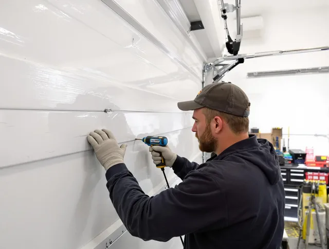 Temple City Garage Door Repair technician demonstrating precision dent removal techniques on a Temple City garage door