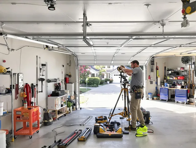 Temple City Garage Door Repair specialist performing laser-guided track alignment in Temple City